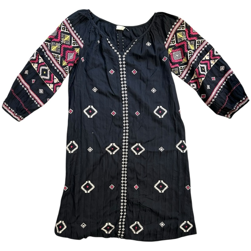 Anthropologie Henrietta Black Embroidered Dress With Pink & White Accents XSP